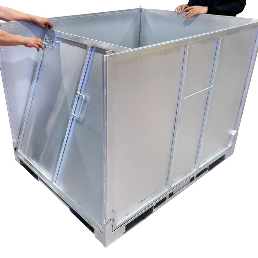 IBC foldable steel pallet box 1130×1450 by ZAMKO; The collapsible steel IBC boxes are mostly only looked for in the standard dimension 1130*1450*H1125mm. On special request we can make them to your specifications